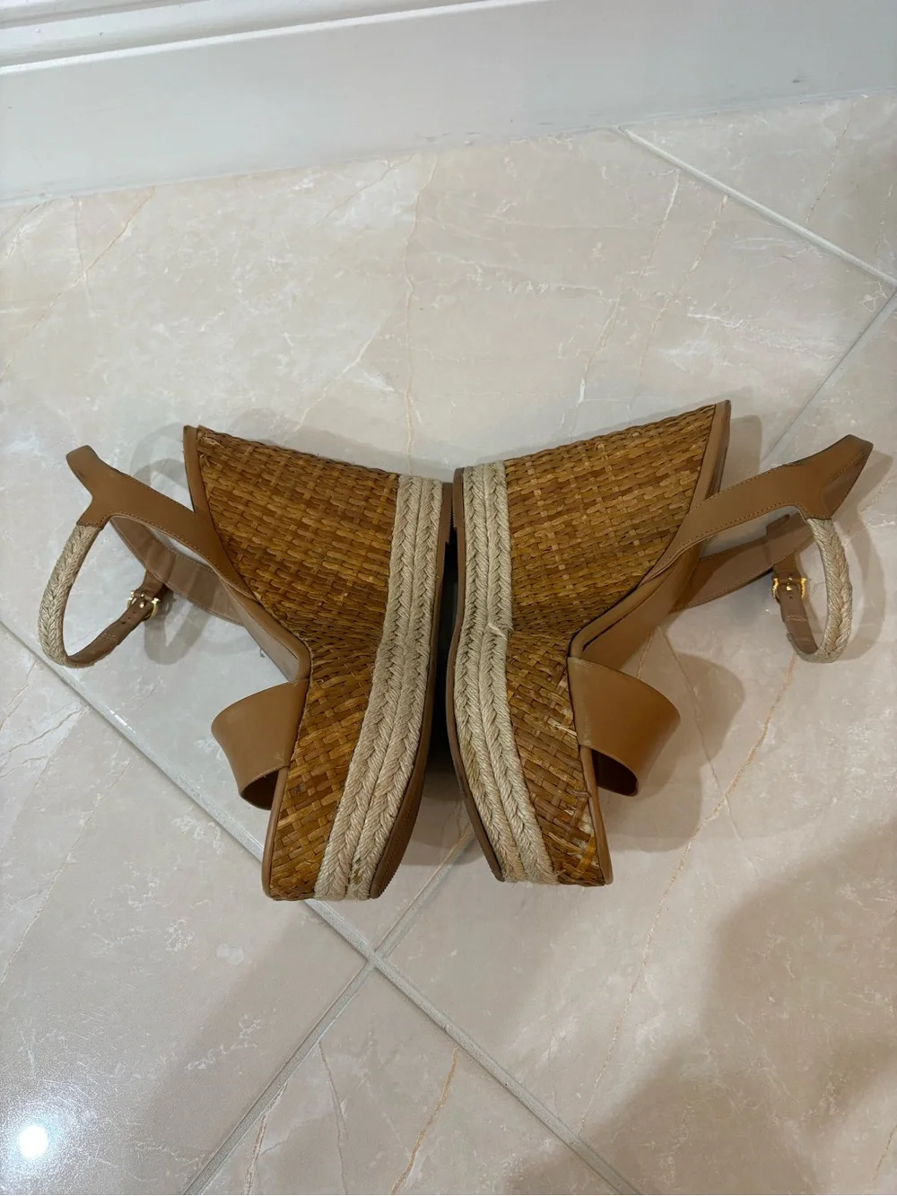 Salvatore Ferragamo Marlene Tan Leather & Wicker Espadrille Wedge Sandals (size